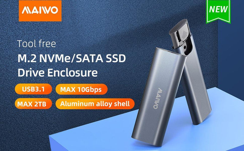 Maiwo K1689 M.2 SATA & NVMe SSD kombo till USB3.2 Gen2 10Gbps extern kabinett skruvlös design aluminium