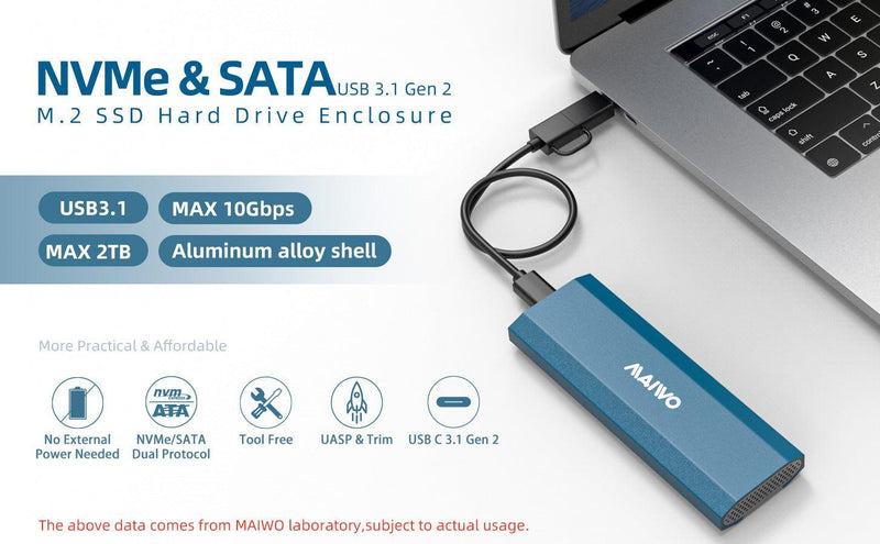 Maiwo K1690 M.2 SATA & NVMe SSD kombo till USB3.2 Gen2 10Gbps extern kabinett skruvlös design aluminium