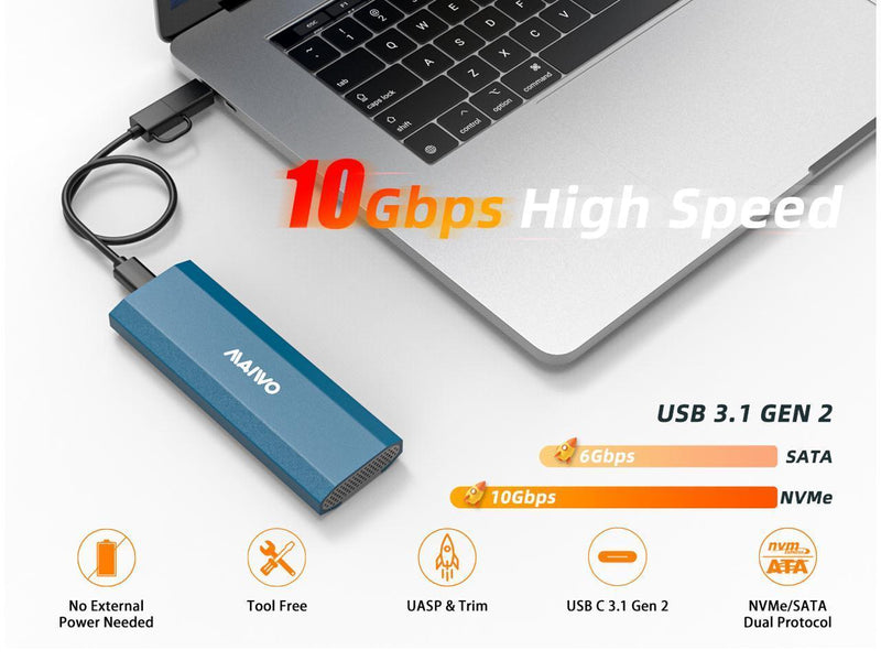 Maiwo K1690 M.2 SATA & NVMe SSD kombo till USB3.2 Gen2 10Gbps extern kabinett skruvlös design aluminium