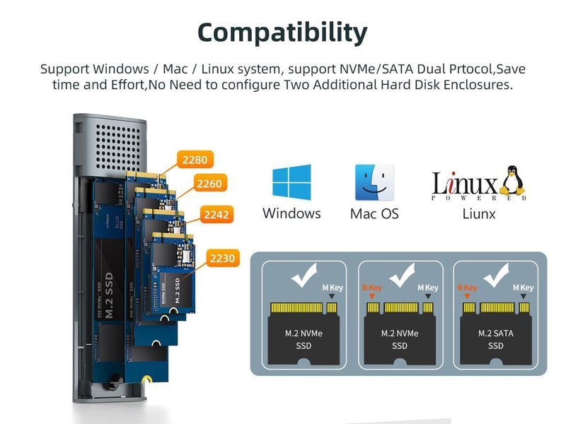 Maiwo K1690 M.2 SATA & NVMe SSD kombo till USB3.2 Gen2 10Gbps extern kabinett skruvlös design aluminium