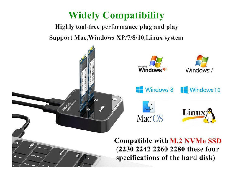 Maiwo K3016P dockingstation för hårddiskkloning of NVMe SSD 1:1 USB3.2 Gen2 10Gbps M-Key och B+M Key