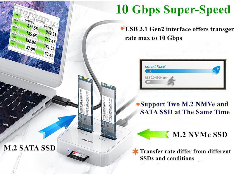 Maiwo K3016SD Dockningsstation för både SATA och NVMe M.2 SSD USB3.2 Gen2 10Gbps med SD Express kortläsare