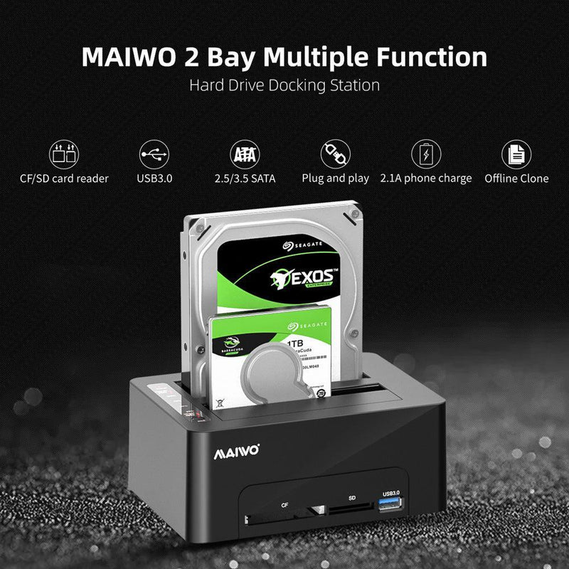 Maiwo K3082CR USB3.1 GEN1 5Gbps Dockningsstation, 2st SATA HDD SDD 14TB med stöd för UASP, Stöd för SATAIII 6Gbps, kloning, kortläsare, USB hub