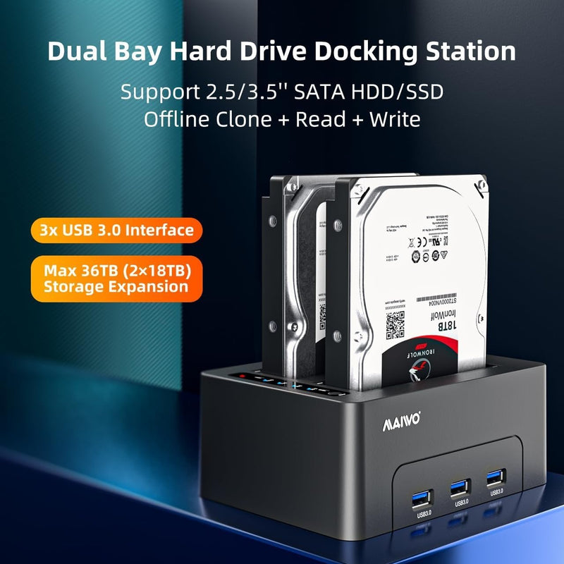 Maiwo K3082H USB 3.1 GEN1 5Gbps Dockningsstation för 2st 2,5-3,5 SATA HDD SSD upp till 14TB med stöd för UASP 3xUSB3.1 hubb