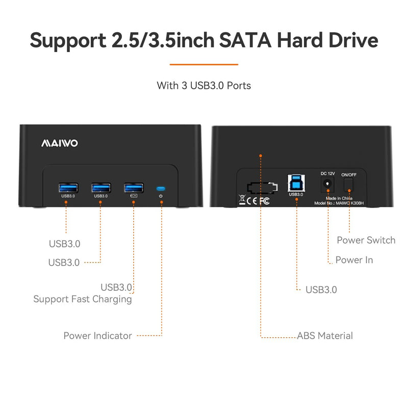 Maiwo K308H USB 3.1 GEN1 5Gbps Dockningsstation för 1st 2,5-3,5 SATA HDD SSD upp till 14TB  med stöd för UASP 3xUSB3.1 hubb