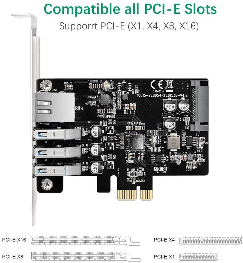 Maiwo KC015 PCI Express x1kort till 3xUSB3.0 5Gbps och 1x Gigabit Ethernet