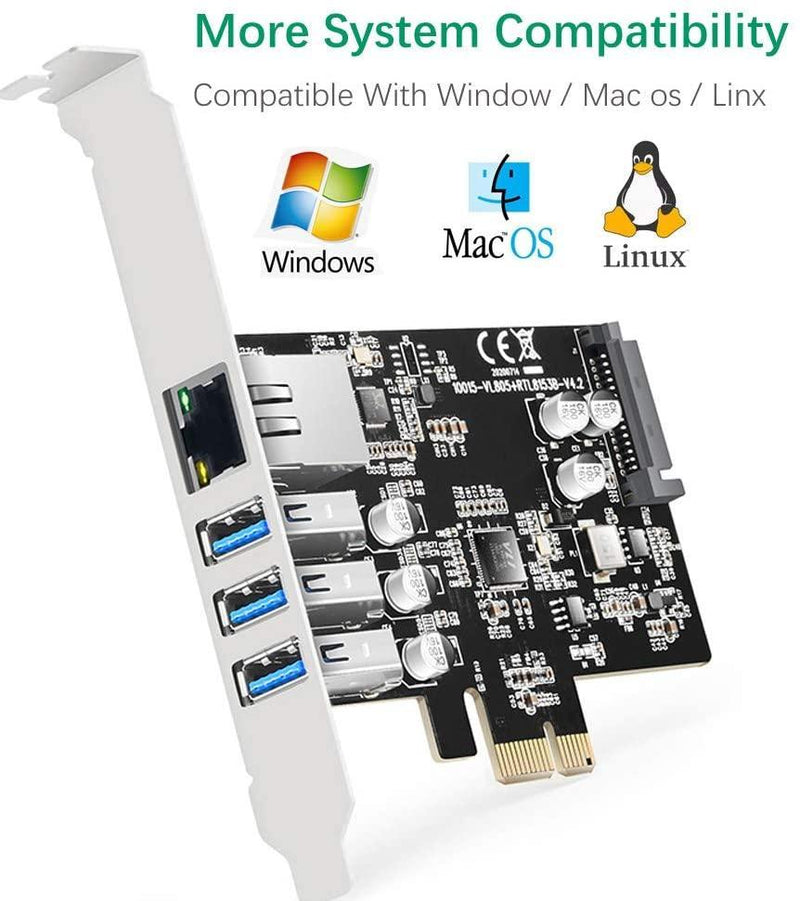 Maiwo KC015 PCI Express x1kort till 3xUSB3.0 5Gbps och 1x Gigabit Ethernet