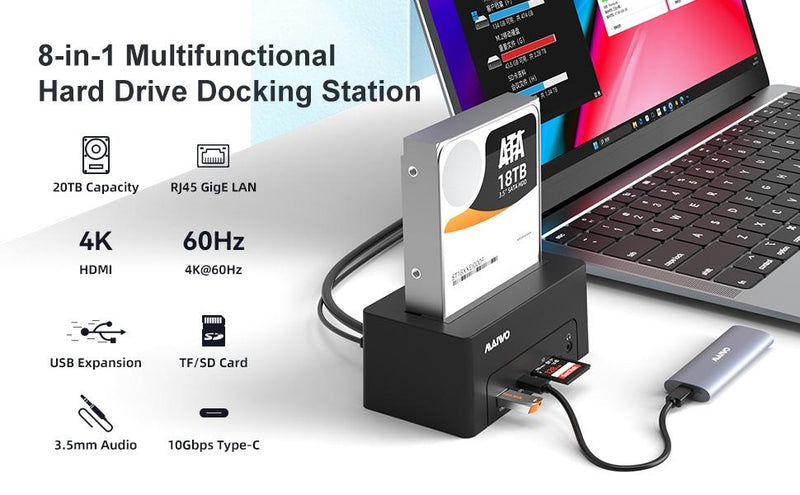 Maiwo USB-C Dockningsstation 2,5"/3,5" 2x SATA HDD SSD & SD/TF-minneskort, HDMI2.0 4K60Hz RJ45 GigaLan USB-A & USB-C 10Gbps