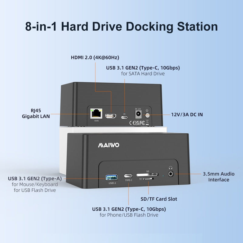 Maiwo USB-C Dockningsstation 2,5"/3,5" 2x SATA HDD SSD & SD/TF-minneskort, HDMI2.0 4K60Hz RJ45 GigaLan USB-A & USB-C 10Gbps