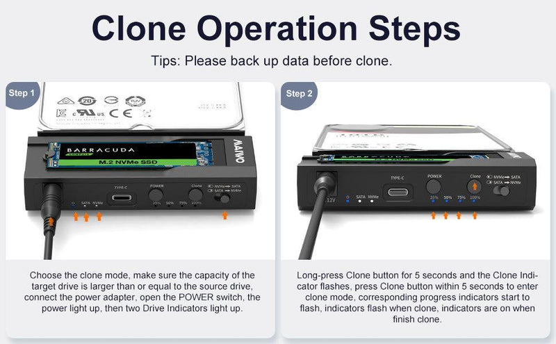 Maiwo offline hårddiskkloning NVMe M.2 SSD till 2,5" och 3,5" SATA HDD USB-C 3.2 10Gbps