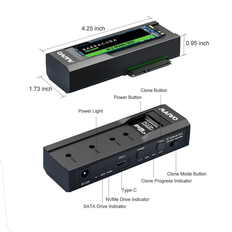 Maiwo offline hårddiskkloning NVMe M.2 SSD till 2,5" och 3,5" SATA HDD USB-C 3.2 10Gbps