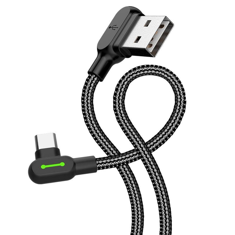 Mcdodo CA-5281   Vinklad USB C till vinklad USB A kabel för synkning och snabb laddning, med LED, svart, 1,2m