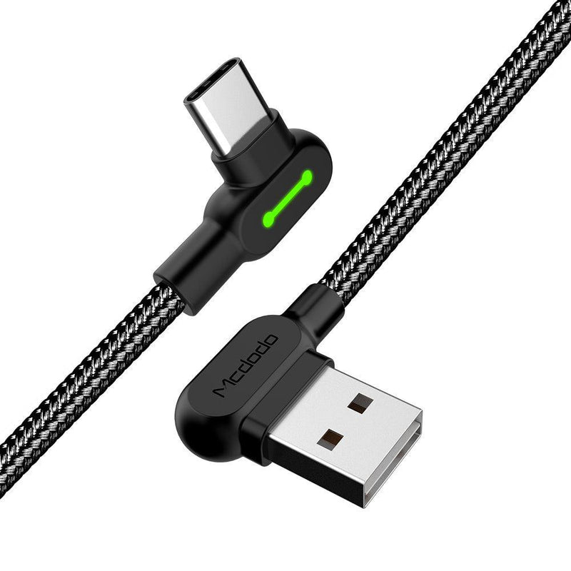 Mcdodo CA-5283 Vinklad USB C till vinklad USB A kabel för synkning och snabb laddning med LED svart 3m