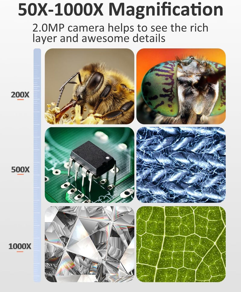 NÖRDIC Mikroskop för Mobiltelefoner, LCD Digitalt Mikroskop 50X–500X, 4.3-tums 1080P USB-mikroskop med 8 justerbara LED-lampor och PC-visning