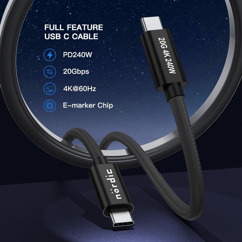 NÖRDIC 1,5 m USB 3.2 Gen 2 USB-C till C nylonflätad kabel PD3.1 240W 20G 4K60Hz svart