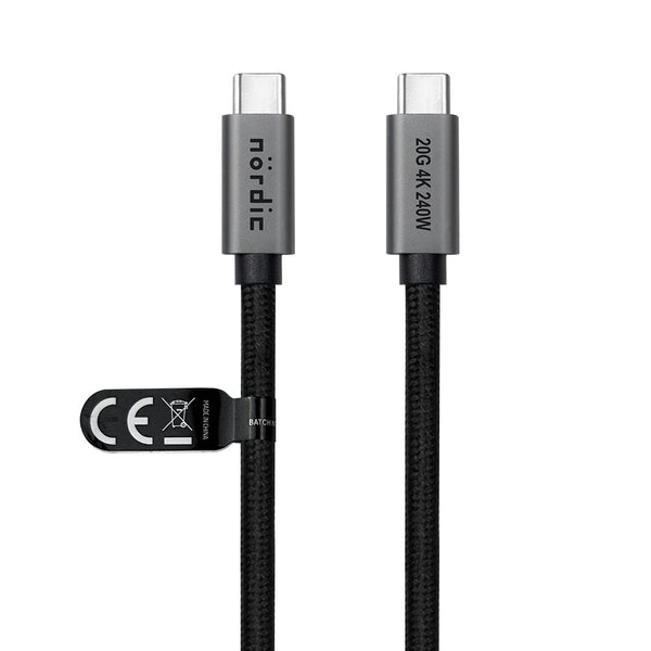 NÖRDIC 1m USB 3.2 Gen 2 USB-C till C nylonflätad kabel PD3.1 240W 20G 4K60Hz grå