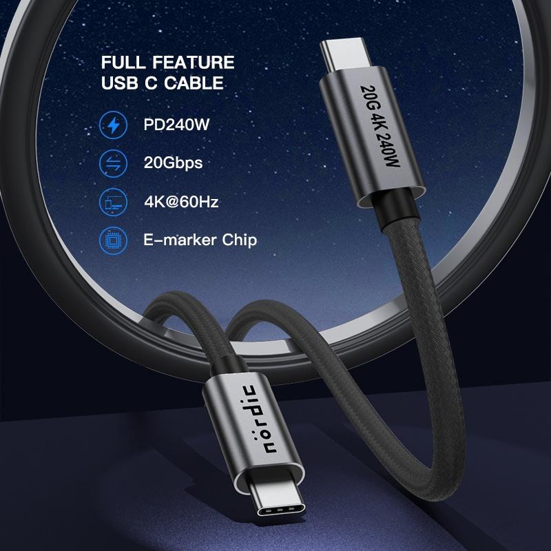 NÖRDIC 1m USB 3.2 Gen 2 USB-C till C nylonflätad kabel PD3.1 240W 20G 4K60Hz grå