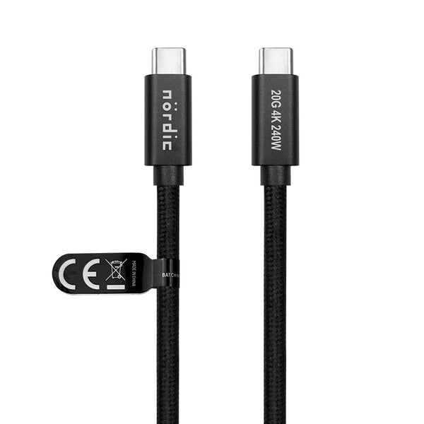 NÖRDIC 1m USB 3.2 Gen 2 USB-C till C nylonflätad kabel PD3.1 240W 20G 4K60Hz svart