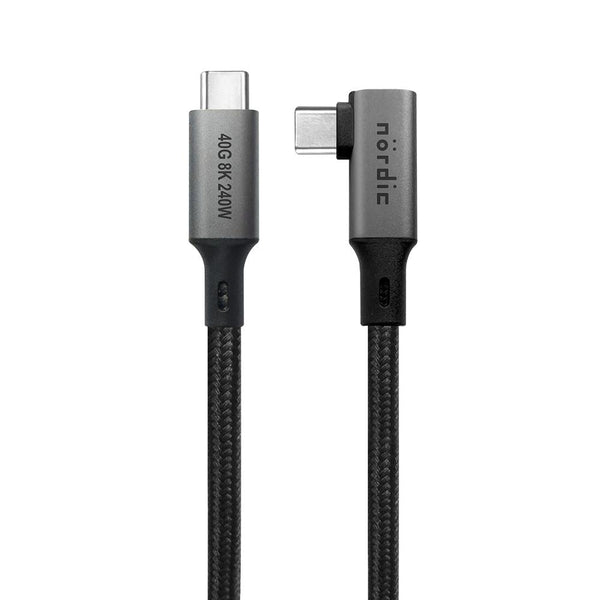 NÖRDIC vinklad 1m USB4 USB-C till C nylonflätad kabel PD3.1 240W 40G 8K60Hz 4K144Hz grå