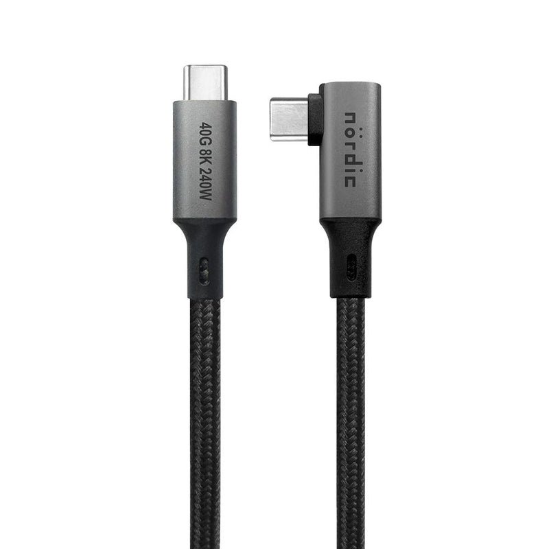 NÖRDIC vinklad 1m USB4 USB-C till C nylonflätad kabel PD3.1 240W 40G 8K60Hz 4K144Hz grå