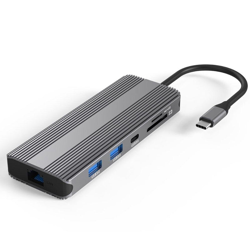 NÖRDIC 1 till 10 USB-C dockningsstation 1xHDMI 8K30Hz 1XHDMI 4K60Hz 2xUSB3.0, 1xUSB-C, 1xRJ45 GigaLan, 1xPD 87W, 1xSD & 1xMicroSD 1xAux stereo