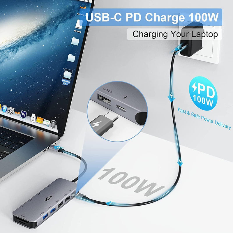 NÖRDIC 1 till 11 USB-C dockingsstation för trippla monitorer 2xHDMI 4K30Hz, 1xVGA  PD 100W Macbook M1 M2 Thunderbolt 3 & 4