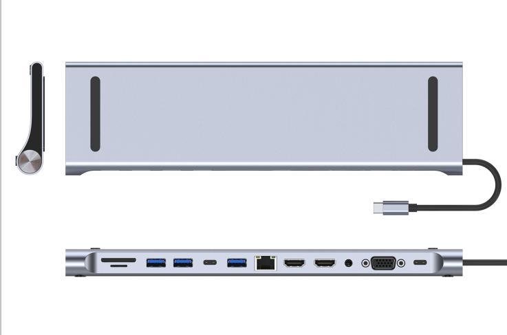 NÖRDIC 1 till 12 USB-C dockingsstation för tredubbla monitorer 2xHDMI 4K30Hz, 1xVGA, USB-C PD 100W, Thunderbolt 3 & 4