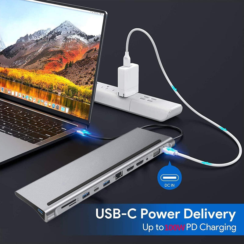 NÖRDIC 1 till 12 USB-C dockingsstation för tredubbla monitorer 2xHDMI 4K30Hz, 1xVGA, USB-C PD 100W, Thunderbolt 3 & 4