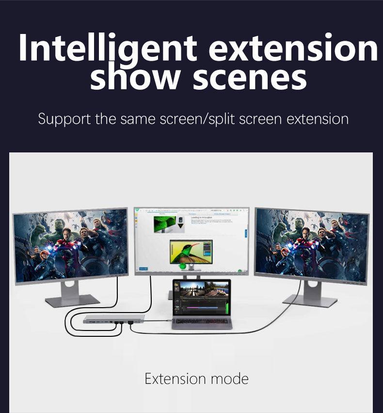 NÖRDIC 1 till 12 USB-C dockingsstation för tredubbla monitorer 2xHDMI 4K30Hz, 1xVGA, USB-C PD 100W, Thunderbolt 3 & 4