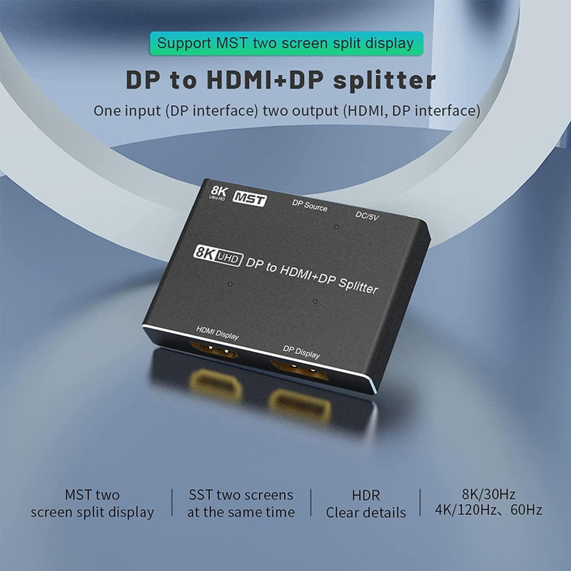 NÖRDIC 1 till 2 splitter 1xDisplayport till 1xHDMI och 1xDisplayport 8K30Hz stöd för MST och HDR