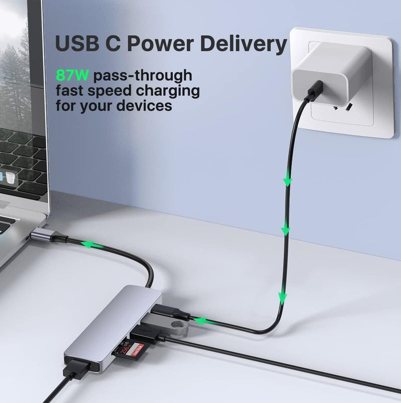 NÖRDIC 1 till 6 USB C Aluminium Dockningsstation 1xHDMI 4K 30Hz 2xUSB-A 3.1 5Gbps 1x USB C PD87W 1xSD/TF kortläsare