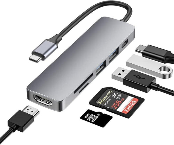 NÖRDIC 1 till 6 USB C Aluminium Dockningsstation 1xHDMI 4K 30Hz 2xUSB-A 3.1 5Gbps 1x USB C PD87W 1xSD/TF kortläsare