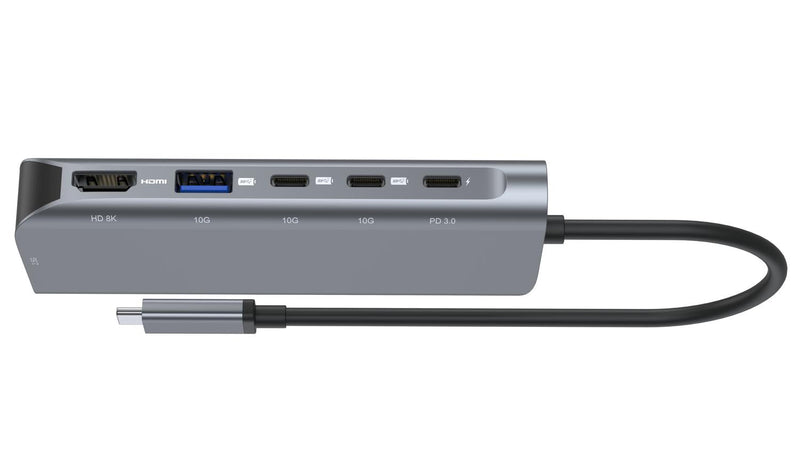 NÖRDIC 1 till 6 USB-C dockningsstation 1xHDMI 8K60Hz 4K120Hz 2xUSB-C 10G 1xUSB-A 10G 1xRJ45100W PD3.0 Macbook M1 M2 Thunderbolt 3 4 USB4
