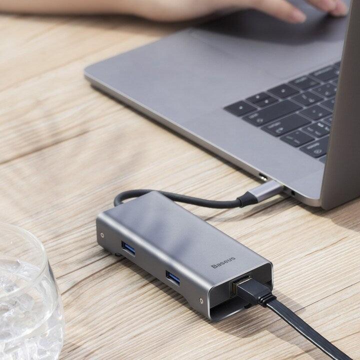 NÖRDIC 1 till 7 USB C Aluminium Dockningsstation 1xHDMI 4K 30Hz 1xRJ45 Giga Ethernet 2xUSB 3,1 5Gbp 1x USB C PD87W 1xSD/TF kortläsare silver