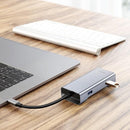 NÖRDIC 1 till 7 USB C Aluminium Dockningsstation 1xHDMI 4K 30Hz 1xRJ45 Giga Ethernet 2xUSB 3,1 5Gbp 1x USB C PD87W 1xSD/TF kortläsare silver