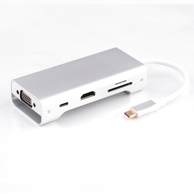 NÖRDIC 1 till 8 USB C Aluminium Dockningsstation 1xHDMI 4K 30Hz 1xVGA 1080p 3xUSB 3,1 5Gbp 1x USB C PD87W 1xSD/TF kortläsare silver