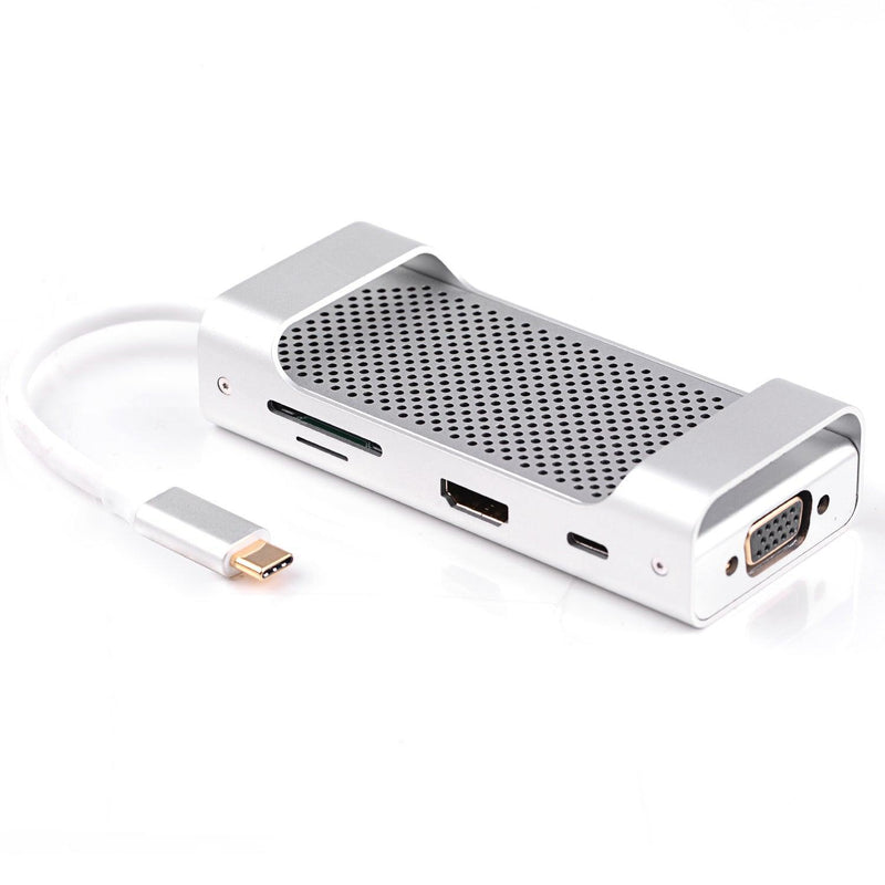 NÖRDIC 1 till 8 USB C Aluminium Dockningsstation 1xHDMI 4K 30Hz 1xVGA 1080p 3xUSB 3,1 5Gbp 1x USB C PD87W 1xSD/TF kortläsare silver