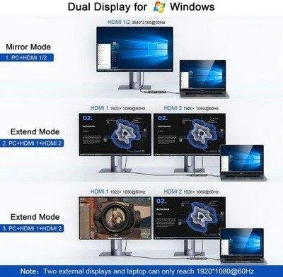 NÖRDIC 1 till 8 USB-C Dockningsstation 2xHDMI 4K30Hz 3xUSB-A 3.1 1xUSB-C PD100W 1xSD 1xMicroSD