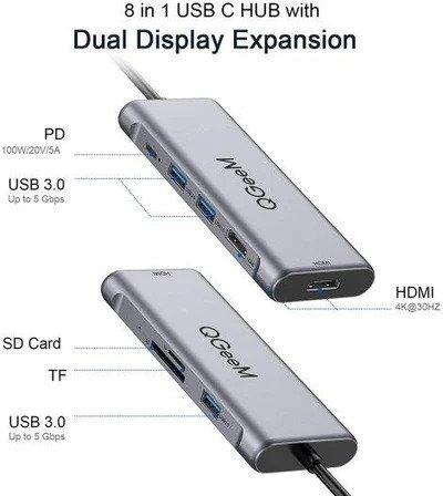 NÖRDIC 1 till 8 USB-C Dockningsstation 2xHDMI 4K30Hz 3xUSB-A 3.1 1xUSB-C PD100W 1xSD 1xMicroSD