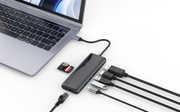 NÖRDIC 1 till 8 USB-C dockningsstation för dubbla monitorer 1xHDMI 1xDP 8K30Hz 4K120Hz PD3.0 100W 2xUSB-A 1xRJ45 Giga 1xSD 1xMicroSD Macbook M1 & M2 Thunderbolt 3/4 USB4