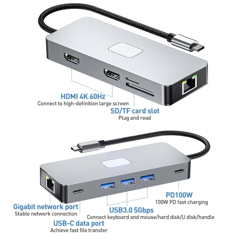 NÖRDIC 1 till 10 USB-C dockningsstation 2xHDMI 4K60Hz 3xUSB3.0, 1xUSB-C, 1xRJ45 GigaLan, 1xPD100W, 1xSD & 1xMicroSD