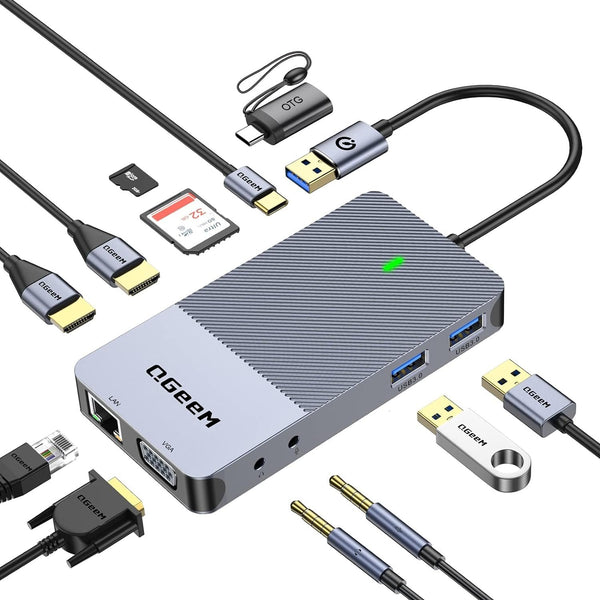 NÖRDIC 1 till 10 USB-A & C DisplayLink dockningsstation 2xHDMI, 1xVGA, 2xUSB3.0, 1xRJ45, 2xSD/TF, 2x3.5mm