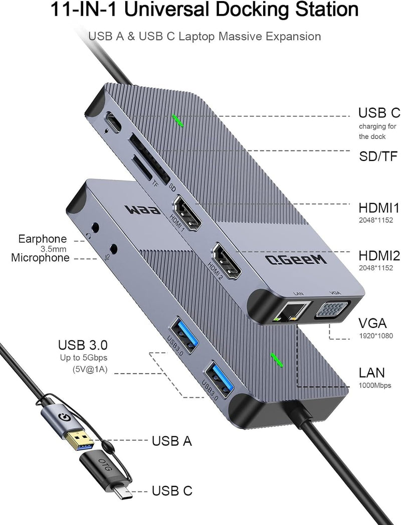 NÖRDIC 1 till 10 USB-A & C DisplayLink dockningsstation 2xHDMI, 1xVGA, 2xUSB3.0, 1xRJ45, 2xSD/TF, 2x3.5mm