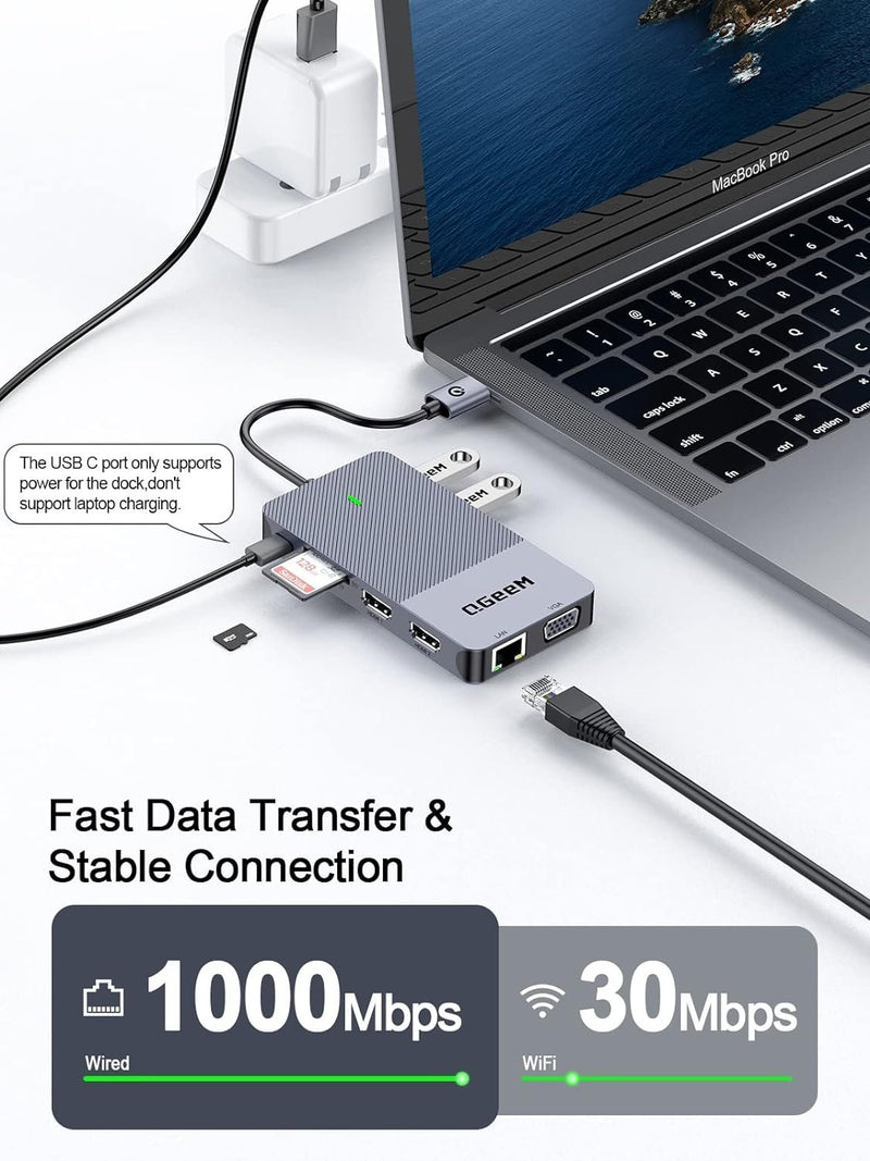 NÖRDIC 1 till 10 USB-A & C DisplayLink dockningsstation 2xHDMI, 1xVGA, 2xUSB3.0, 1xRJ45, 2xSD/TF, 2x3.5mm