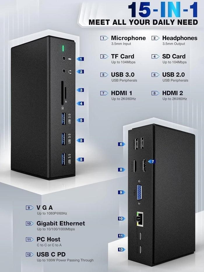 NÖRDIC 1 till 14 DisplayLink dockningsstation 2xHDMI 1xVGA 5xUSB-A 1xUSB-C 100W PD 2x SD/TF kortläsare 2x3.5mm AUX