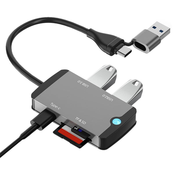 NÖRDIC 1 till 5 USB dockningsstation och kortläsare - SD, MicroSD/TF, 2x USB-A, 1xUSB-C