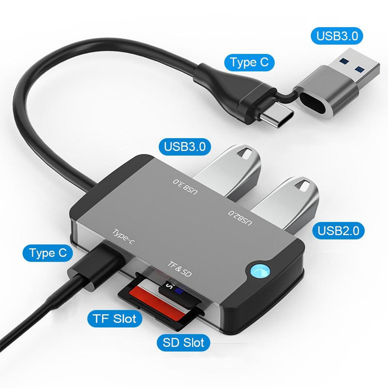 NÖRDIC 1 till 5 USB dockningsstation och kortläsare - SD, MicroSD/TF, 2x USB-A, 1xUSB-C