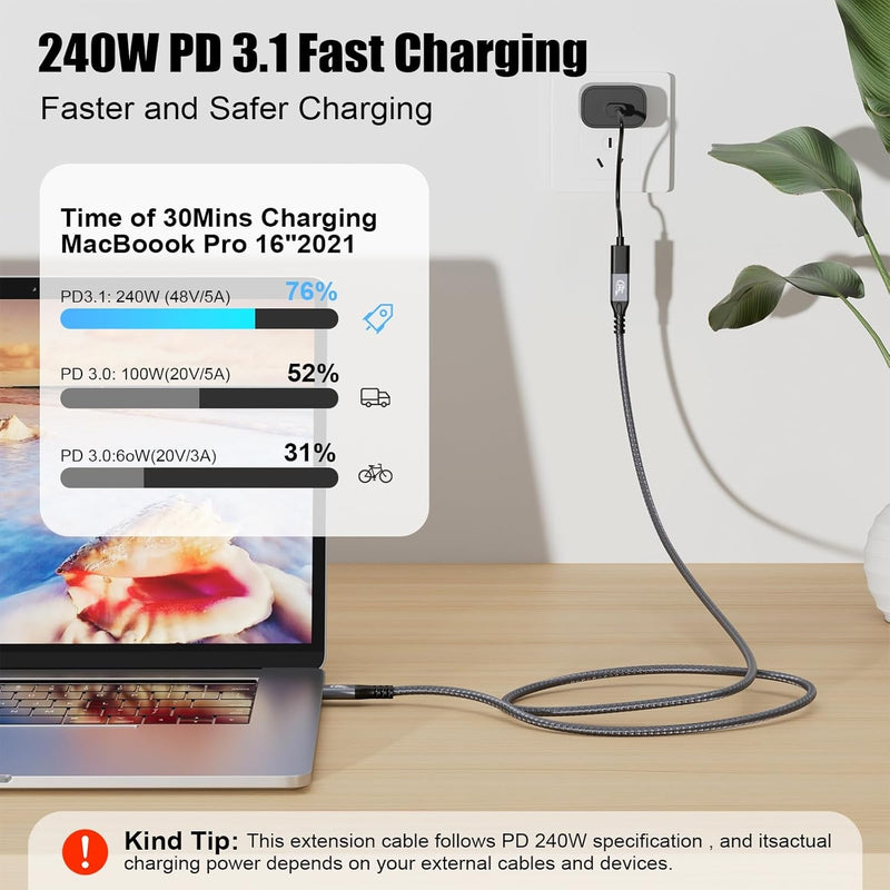 NÖRDIC 25cm USB3.2 Gen2 20Gbps USB-C till C nylonflätad förlängningskabel med Power Delivery 240W 4K60Hz
