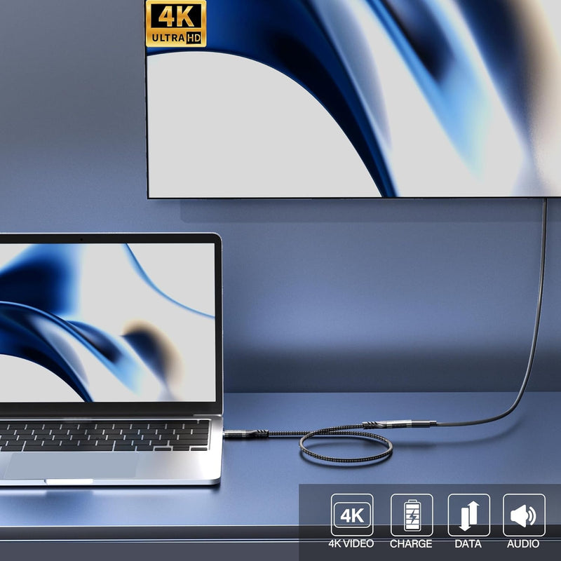 NÖRDIC 25cm USB3.2 Gen2 20Gbps USB-C till C nylonflätad förlängningskabel med Power Delivery 240W 4K60Hz