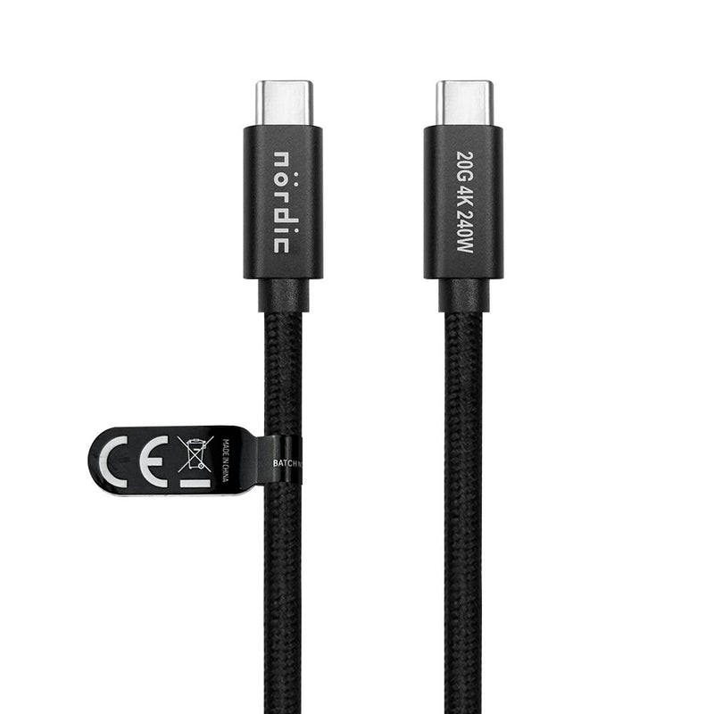 NÖRDIC 25 cm USB 3.2 Gen 2 USB-C till C nylonflätad kabel PD3.1 240W 20G 4K60Hz svart